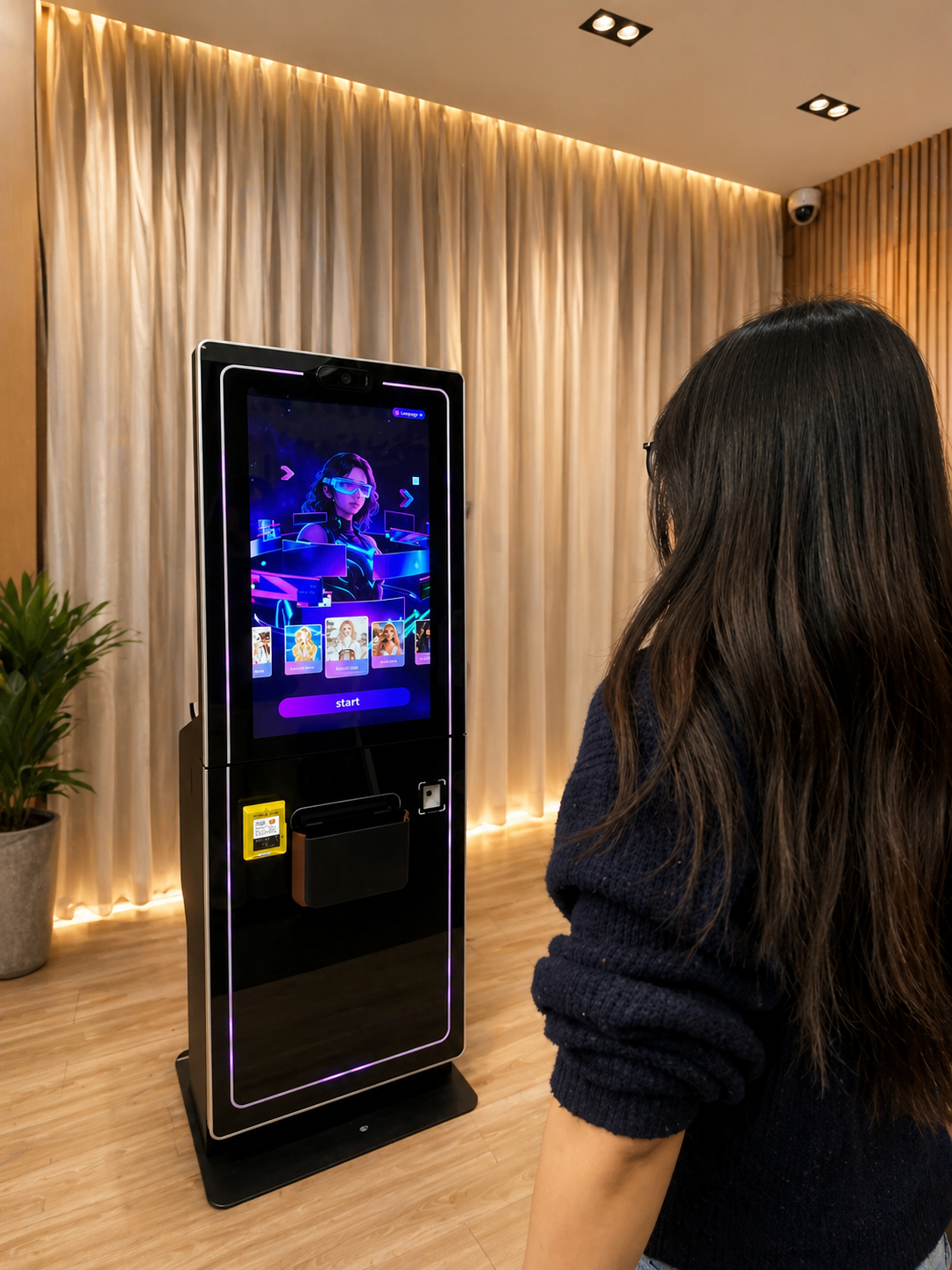 Person interacting with AI Aura Photo Booth With Payment System Selfie Pod