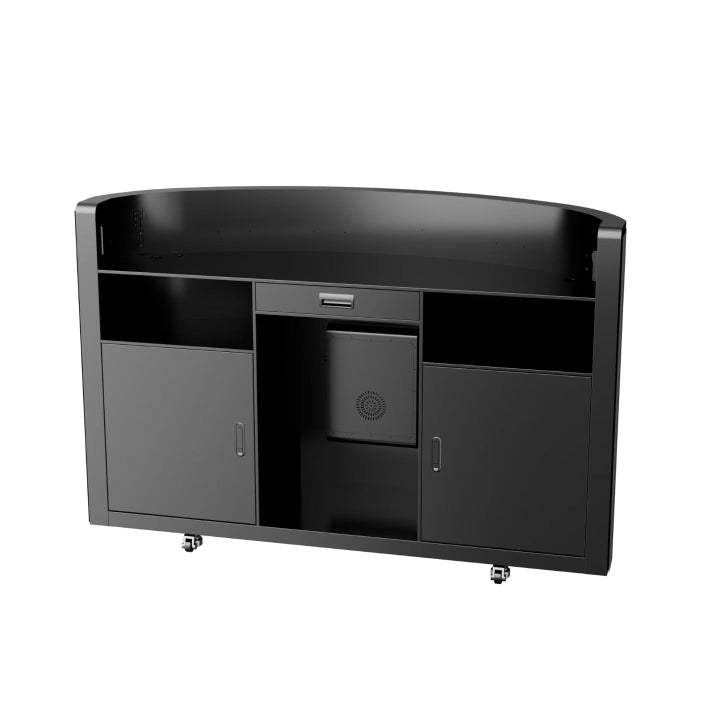 Black, curved dj booth with wheels on a white background