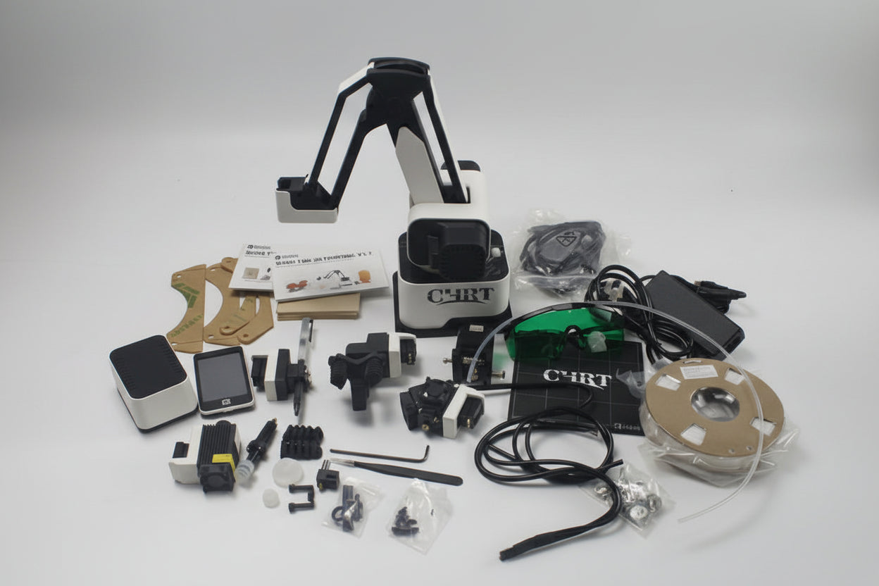 Collection of robotic arm and accessories and on a white background.