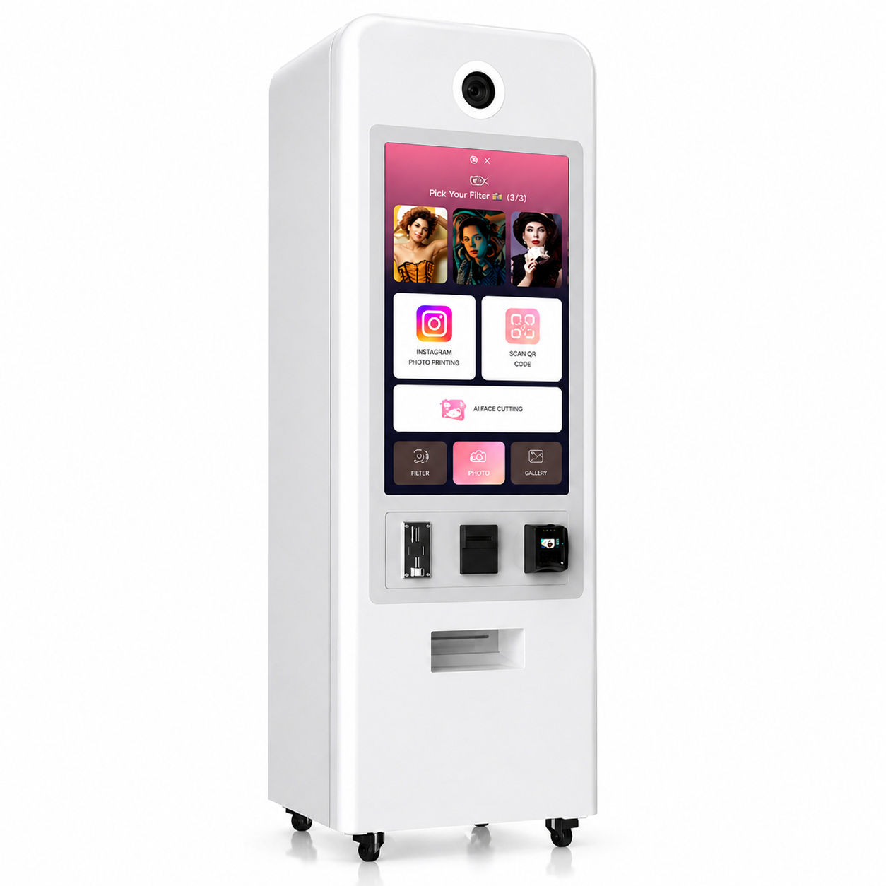 White tower touch screen machine with various icons on a white background with card payment, coin and cash options.