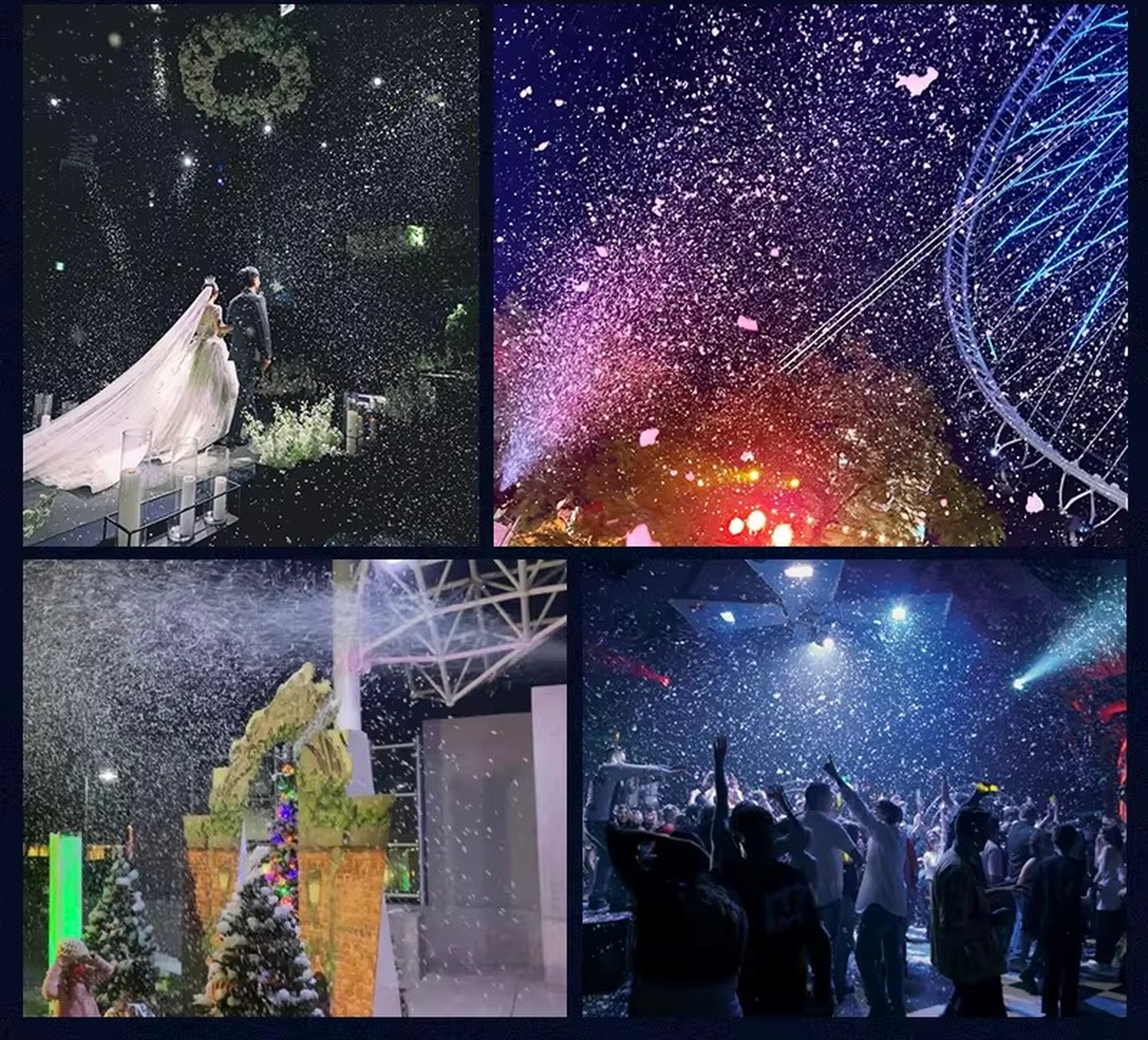 Collage of various night scenes showcasing the indoor artificial snow machine effect. A couple under a starry sky, fireworks, and a crowd at an event.