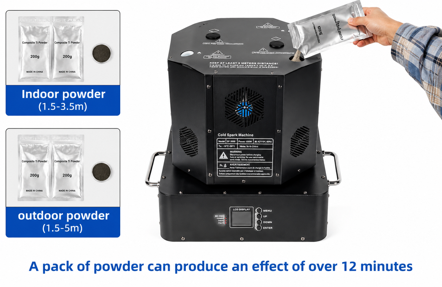 Black cold smoke machine with powder packaging and text about powder effects.