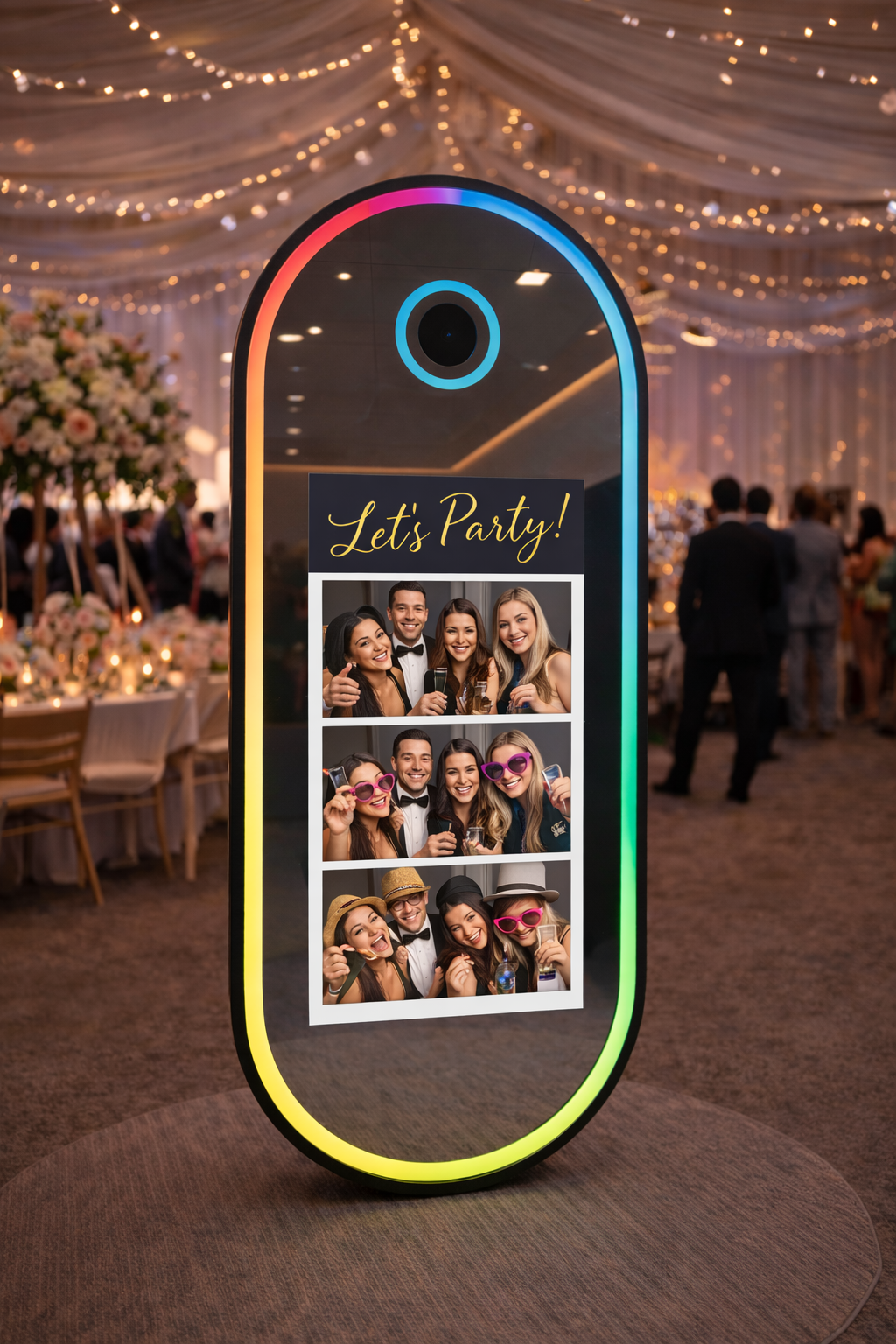 Oval Photo booth screen with collage of photos at a party in a decorated indoor setting