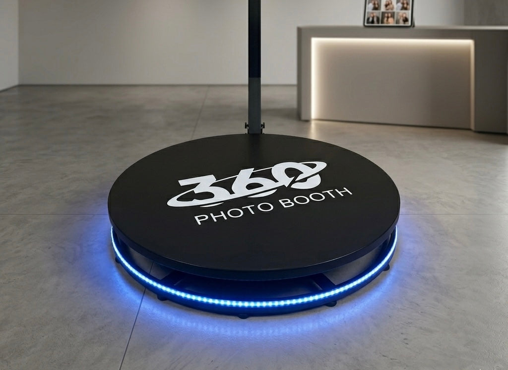 360 Photo Booth device on a floor with a modern interior background