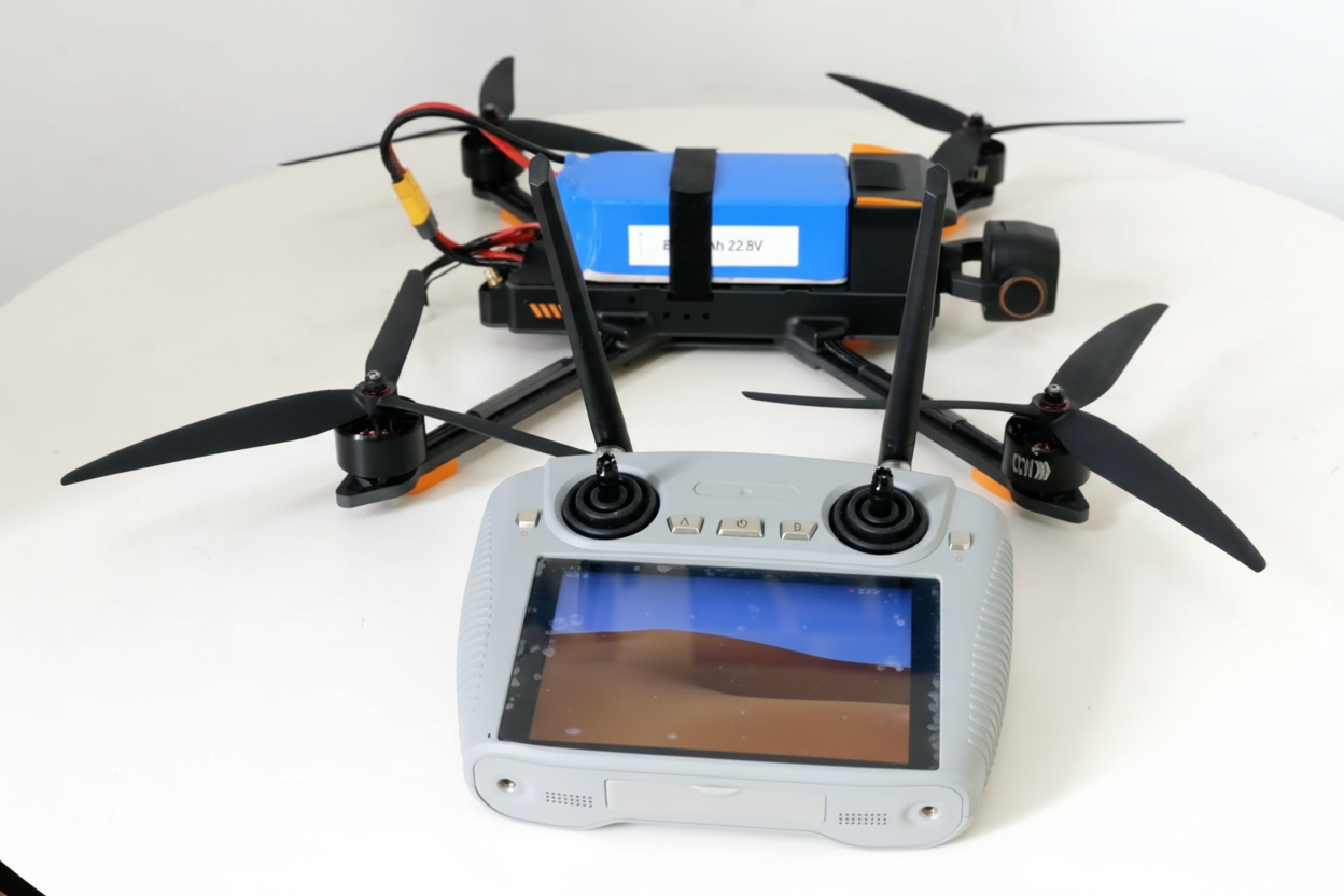 Drone with propellers and a remote control device on a white background