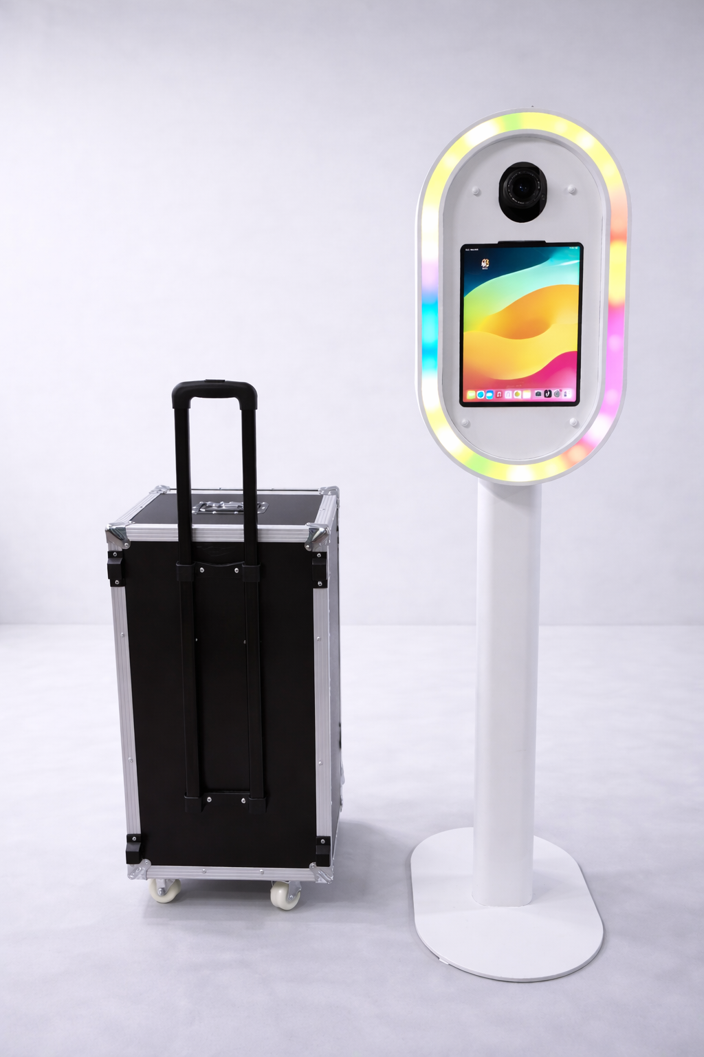 Metal DSLR iPad Selfie Pod Photobooth LED with black flight case on a white background