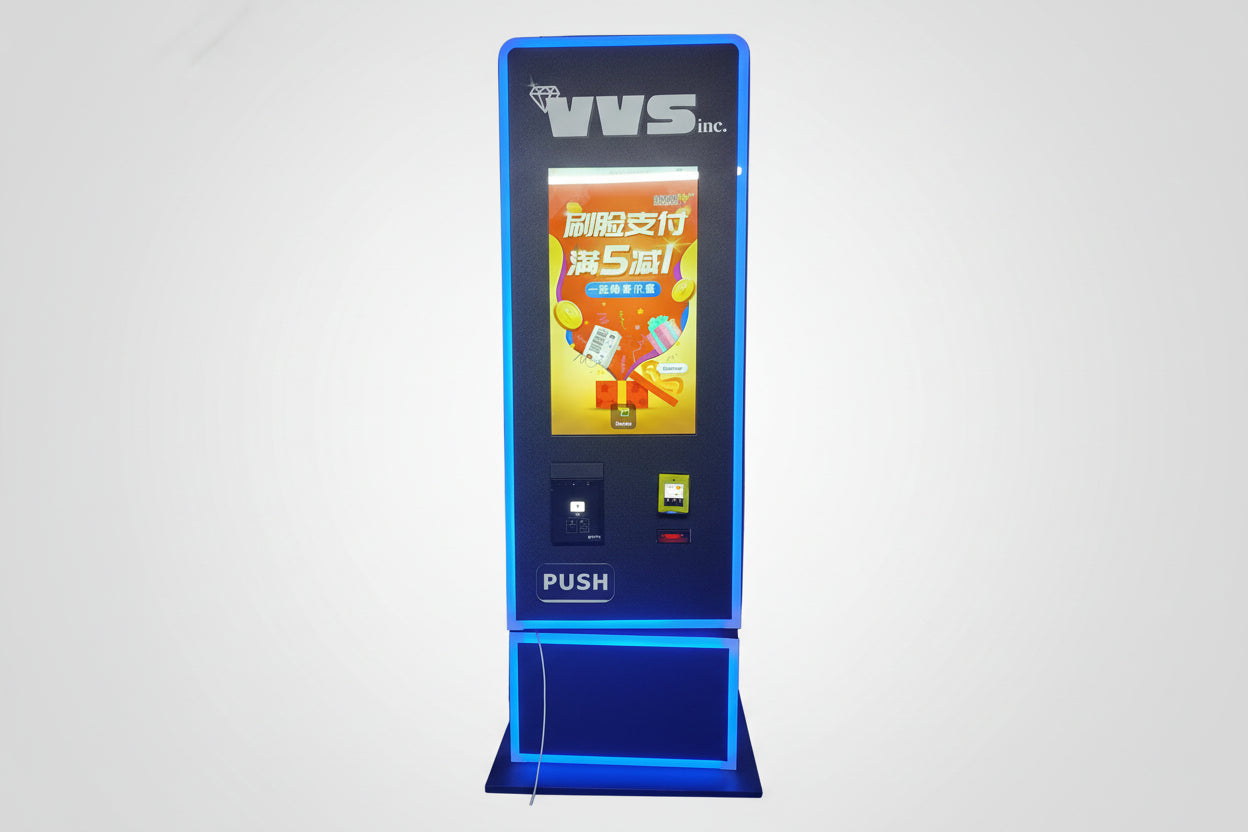 Digital vending machine with card payment machine, VVS logo on a white background