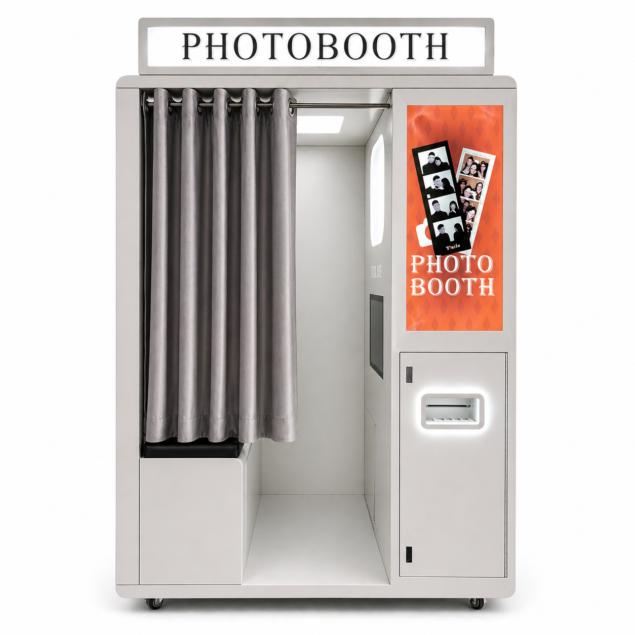 Enclosed Photo booth with a curtain and promotional poster on a white background