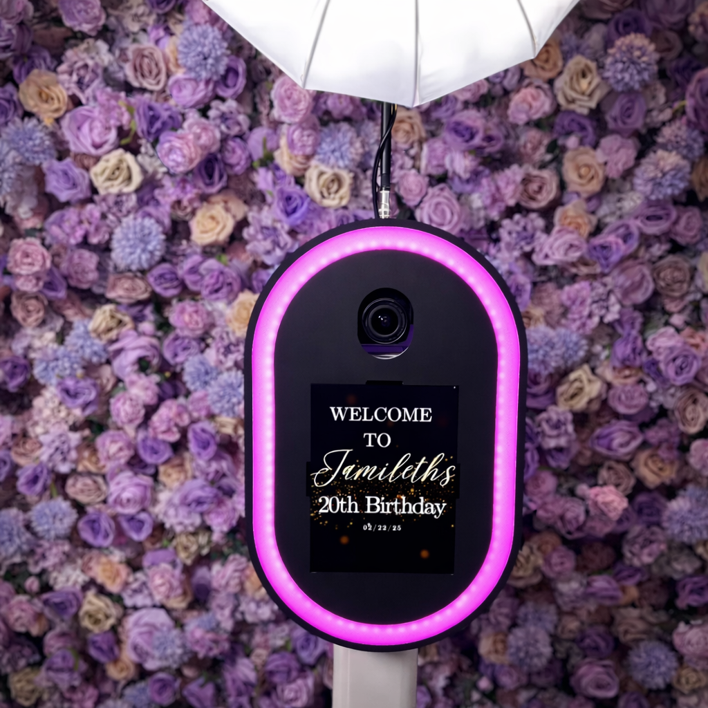 Metal DSLR iPad Selfie Pod Photobooth LED  on a floral background