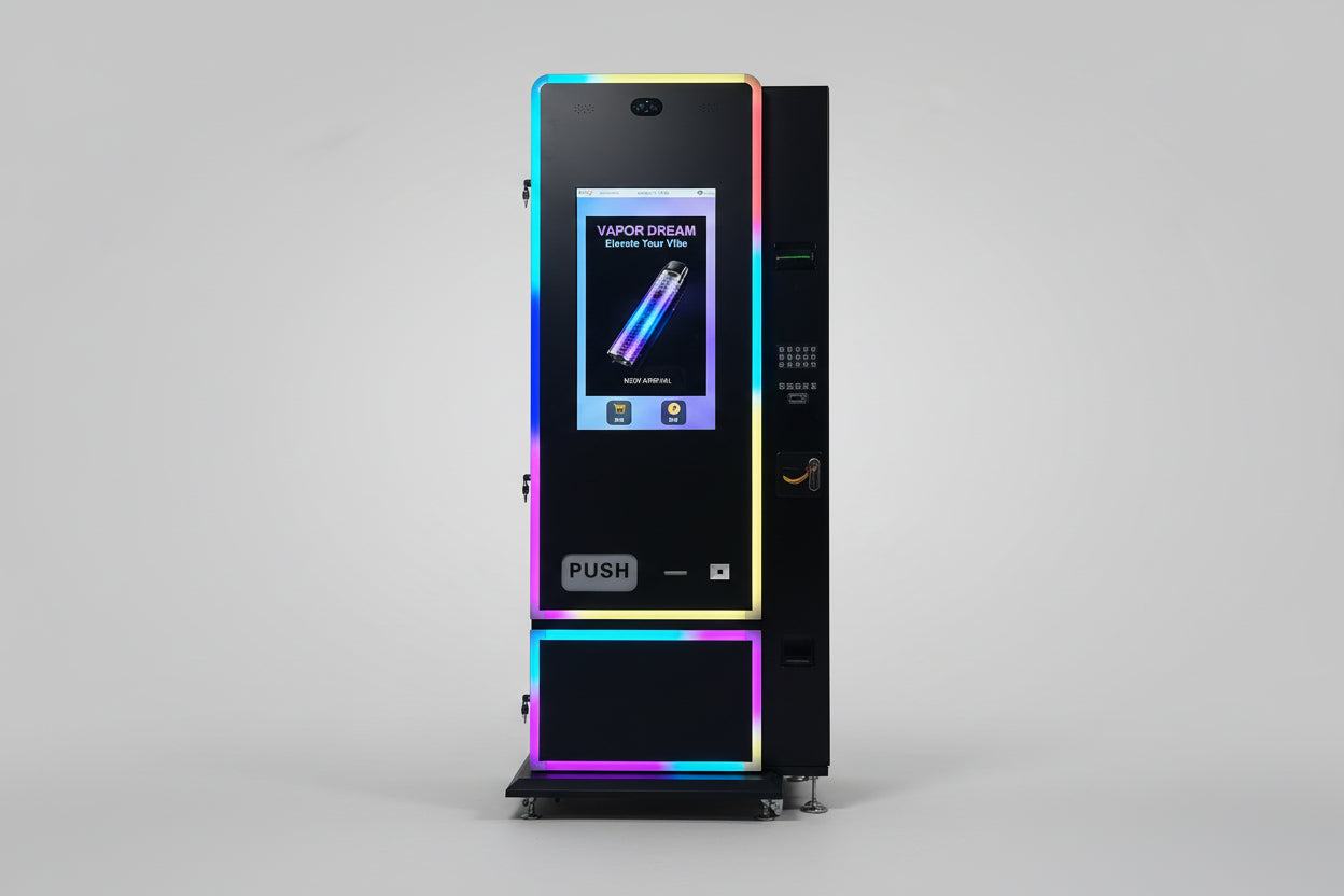 Vending machine with a digital display on a gray background wiih card payment option