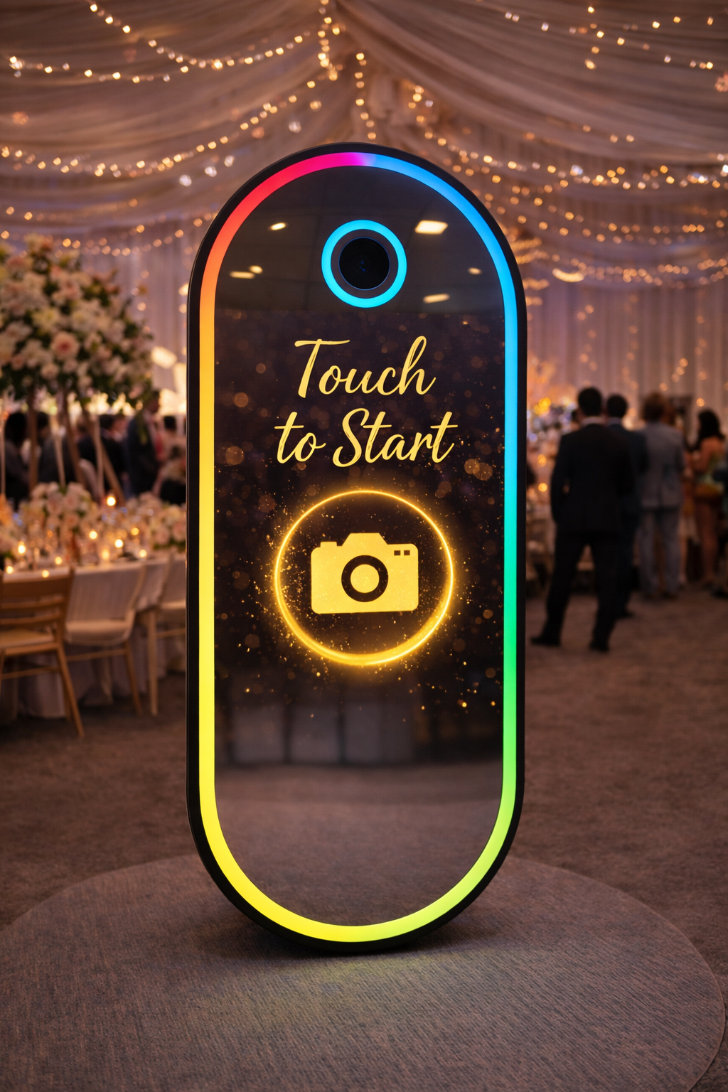 Oval Magic Mirror Photobooth with 'Touch to Start' text at a wedding reception.