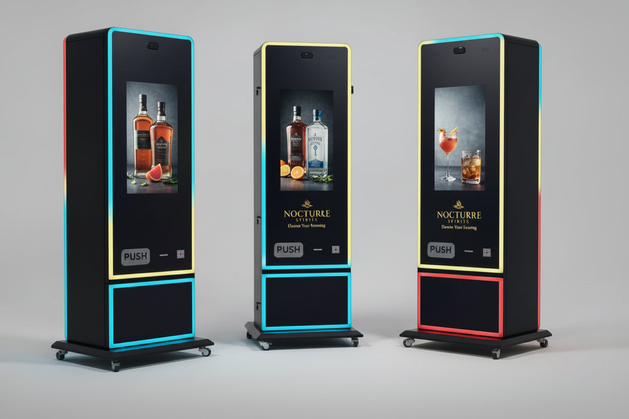 Three 32" vending machines with alcoholic beverage images on a gray background
