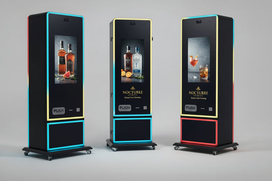 Three 32" vending machines with alcoholic beverage images on a gray background