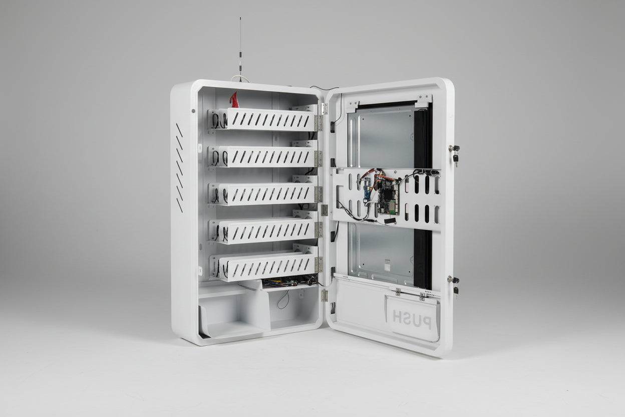 White interior of the vending machine, open door on a grey background.