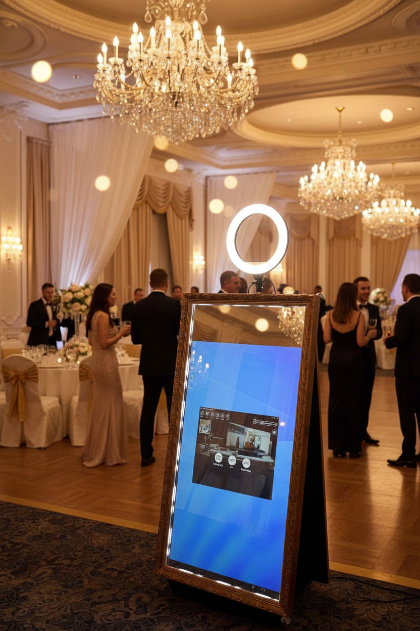 Interactive touch screen magic mirror photobooth with a vintage-style frame and colourful LED lights at the top.