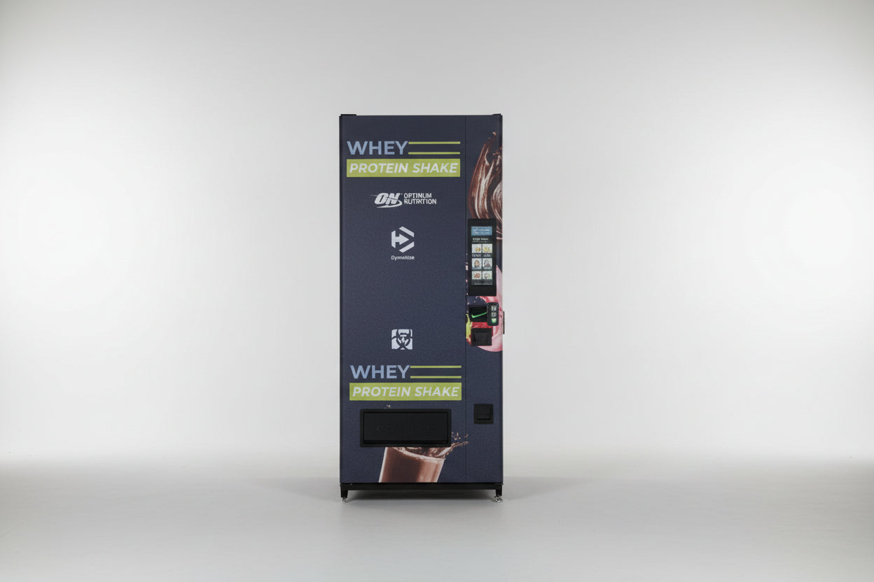 Vending machine for protein shakes on a white background with multiple payment options