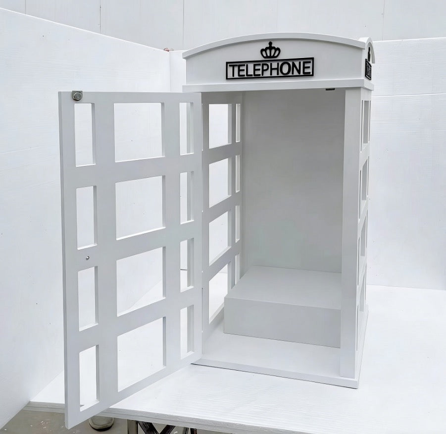 White phone booth model with open door on a white background