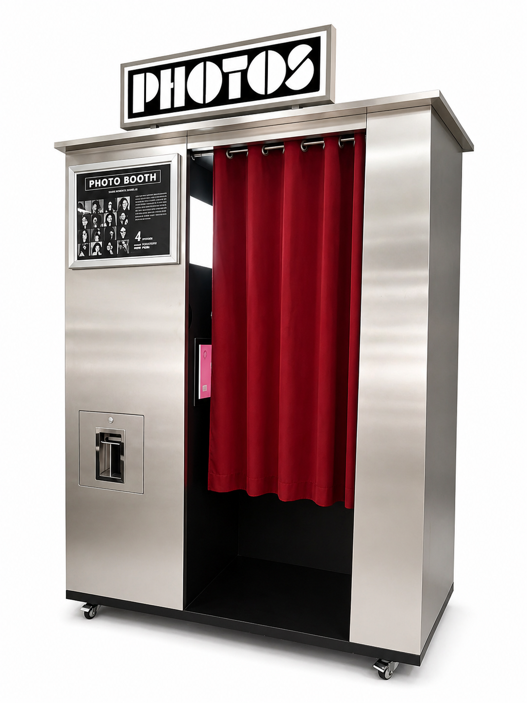Enclosed Photo booth with red curtain and 'PHOTOS' sign on a white background
