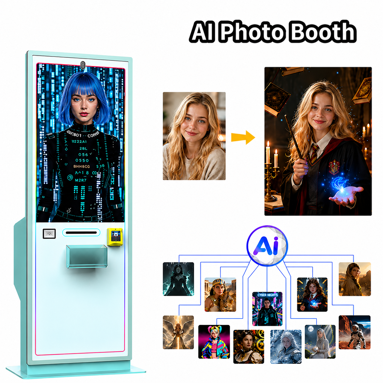 AI photo booth with digital transformation of a person into various characters