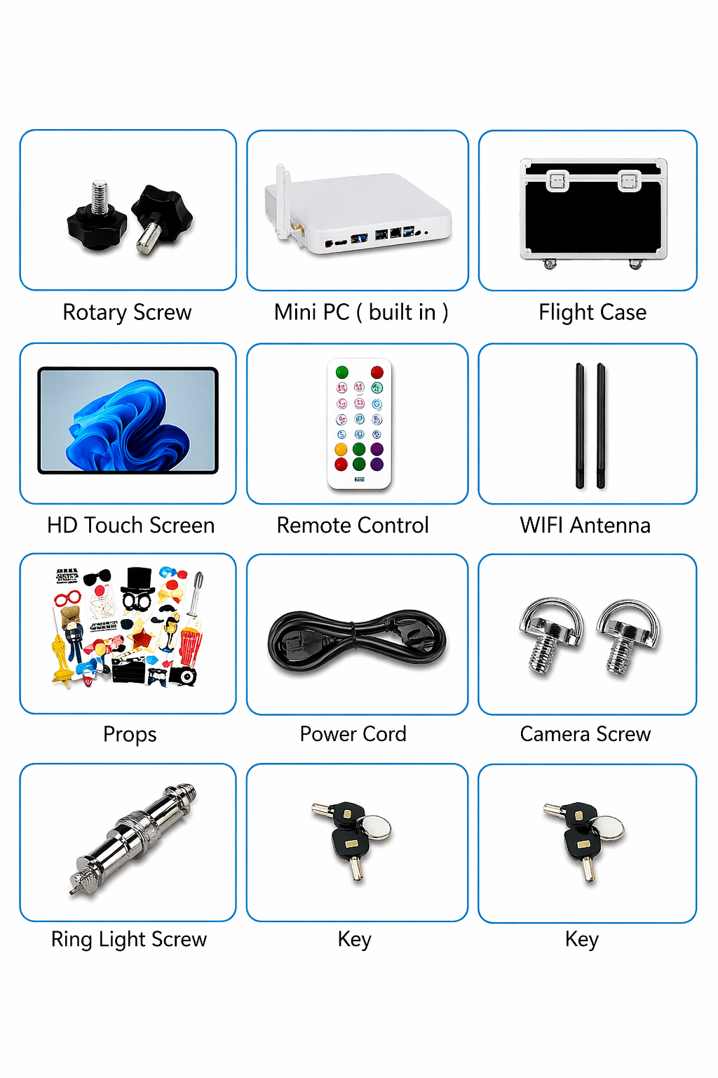 Collection of photobooth accessories including rotary screw, mini PC, flight case, HD touch screen, remote control, WiFi antenna, props, power cord, camera screw, ring light screw, key, and another key.