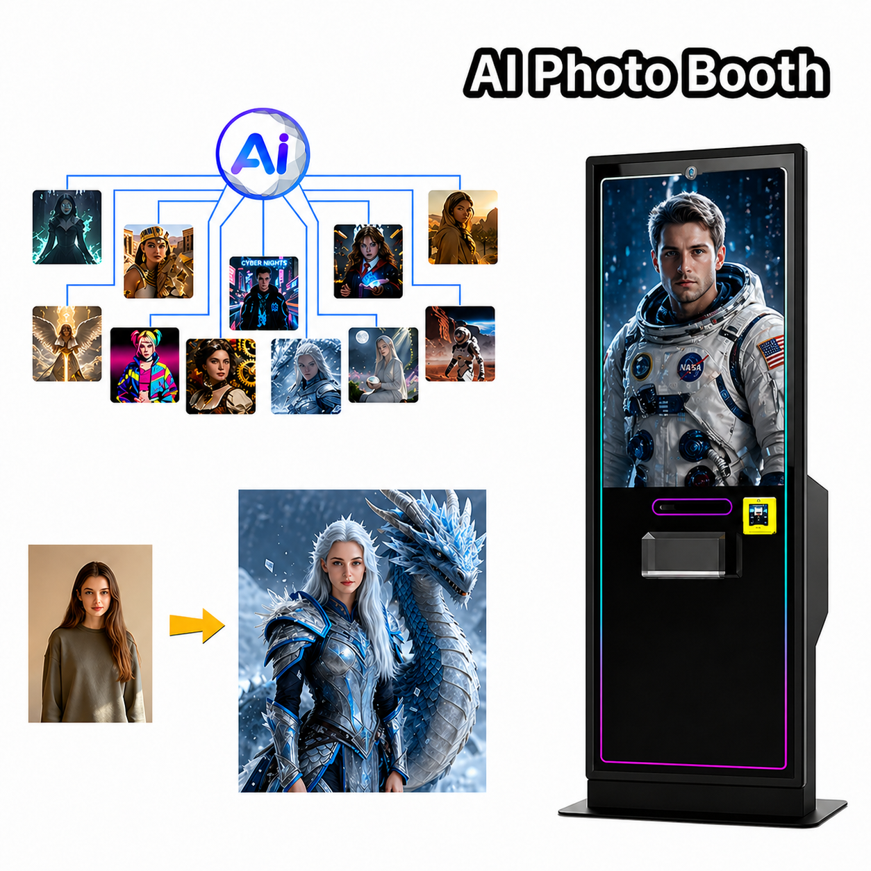 AI photo booth with digital effects on a white background