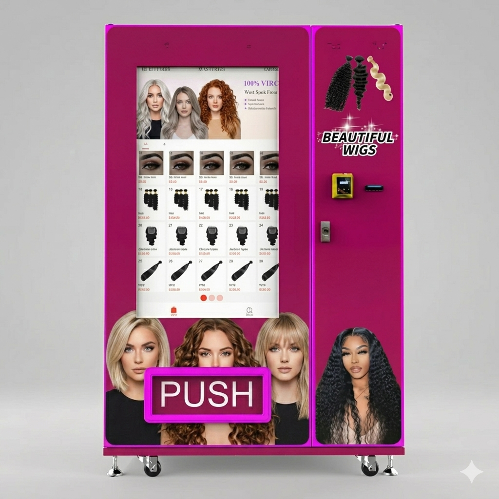 Vending machine with card payment interface, for wigs with images of women and wigs on a gray background