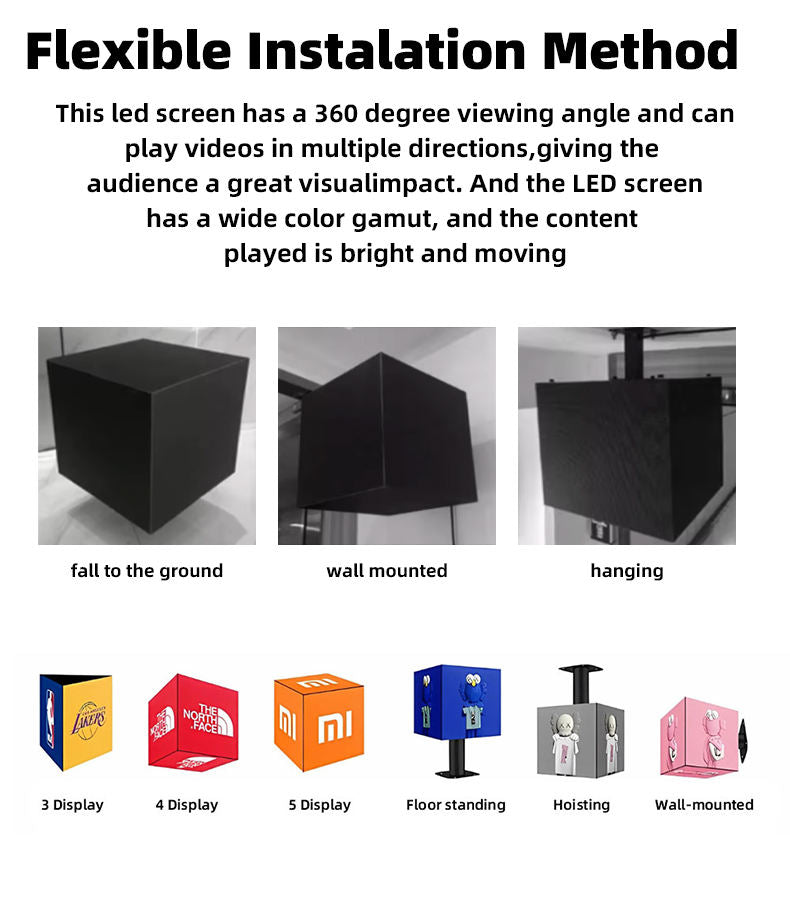 Flexible installation method for LED screens with various display options.