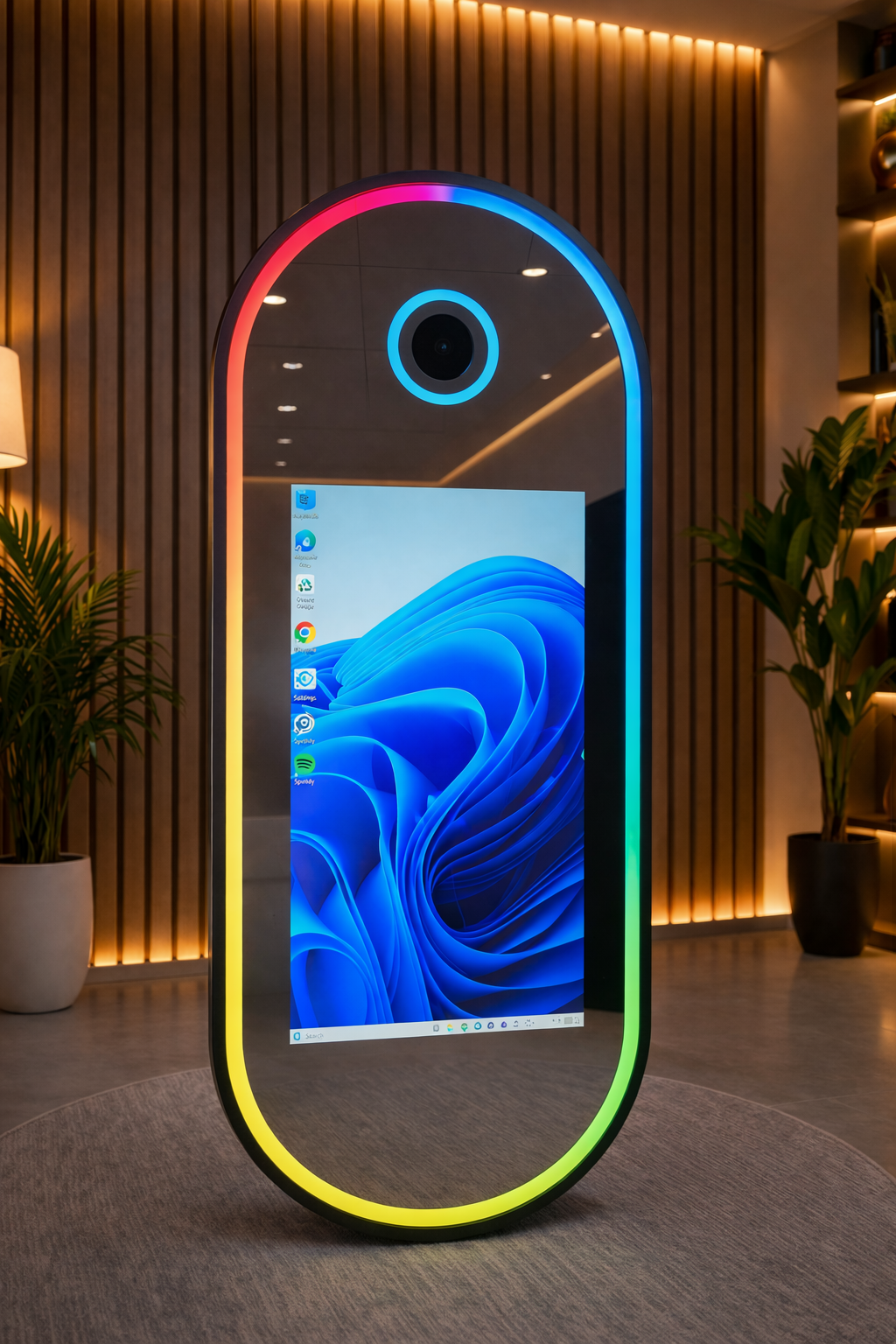 Oval Magic Mirror Photobooth in an indoor modern setting