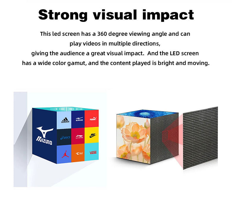 LED screen cube with various brand logos and a floral design, surrounded by text about its features.