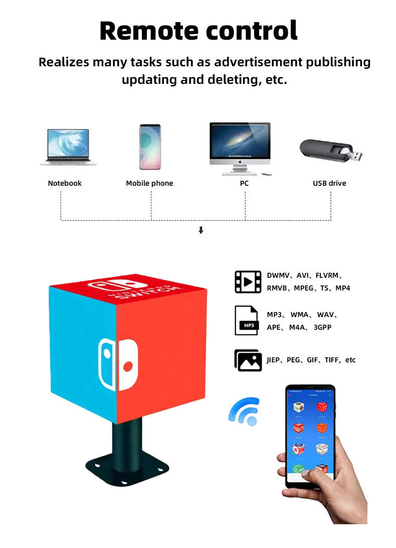 LED screen cube with remote control and connectivity options on a white background