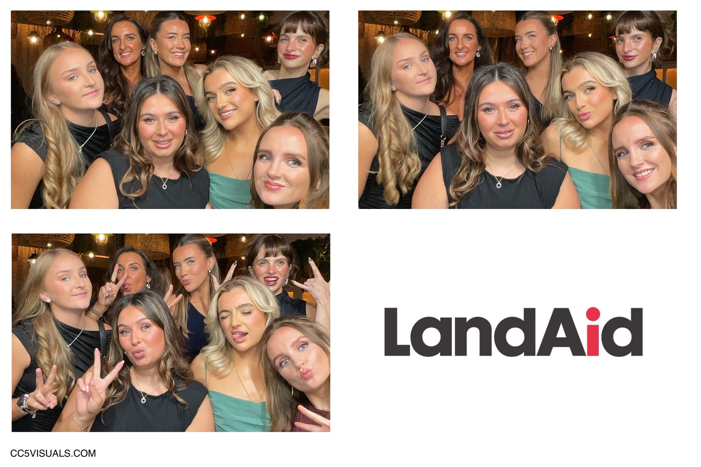 Collage of multiple photos of a group of women posing together, with Land Aid logo at the bottom.