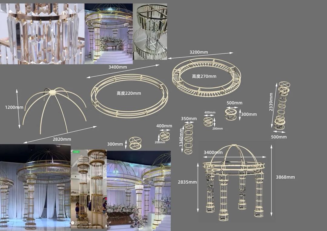 Decorative metal structure with measurements and design details on a gray background