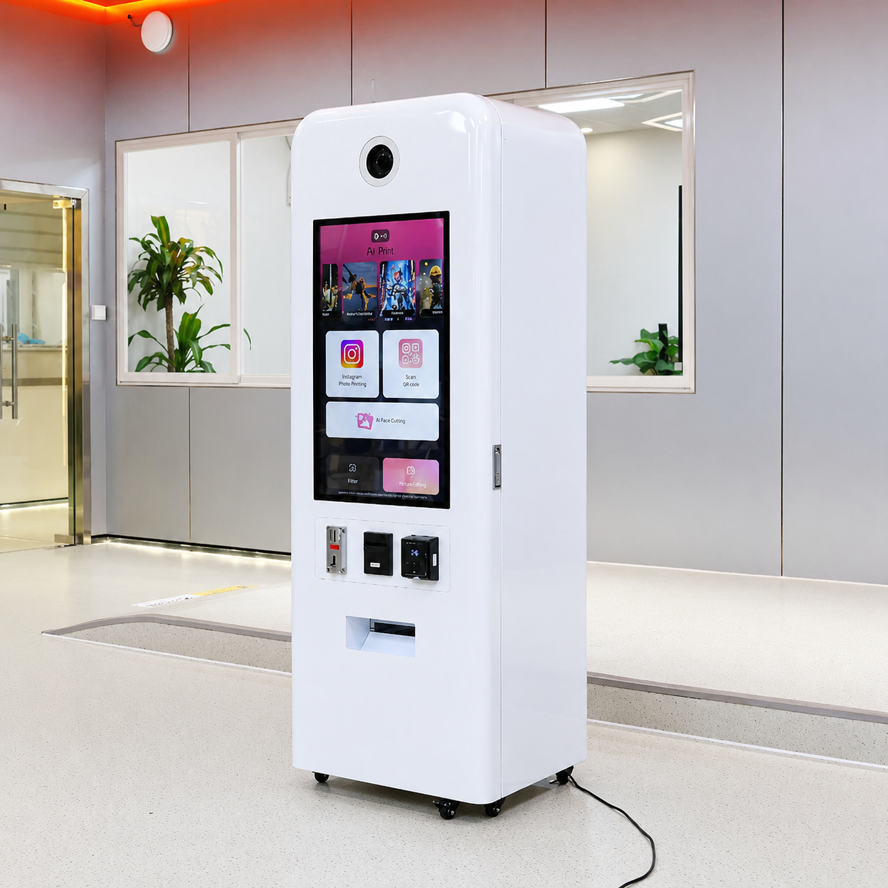 White touch screen machine with various icons on a white background with card payment, coin and cash options.