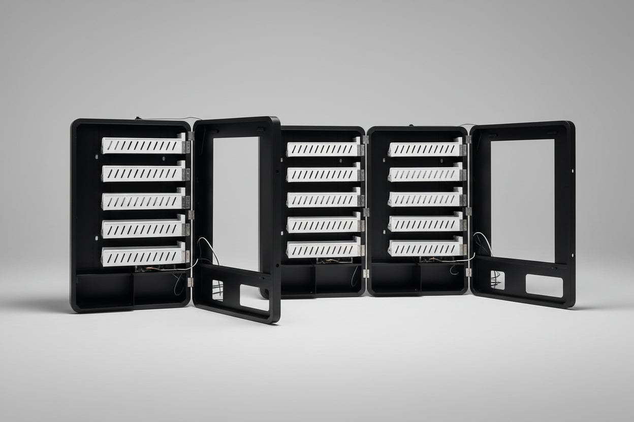 Black interior of the vending machine, open door on a grey background.