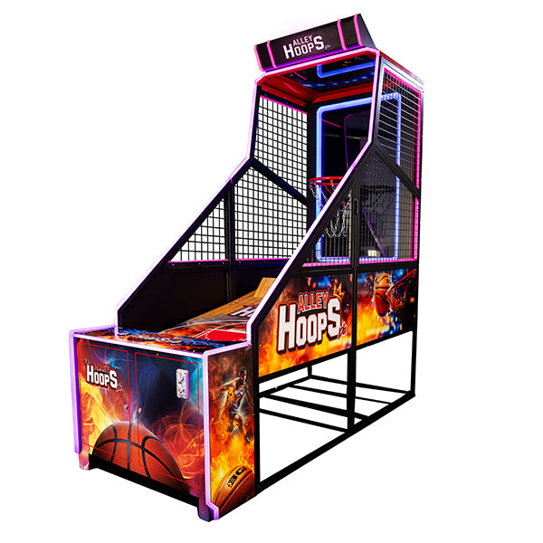 Basketball arcade machine with colorful design on a white background