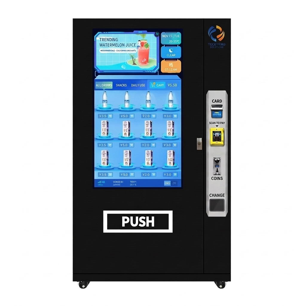 Vending machine with digital display card payment interface and coin slot on a white background
