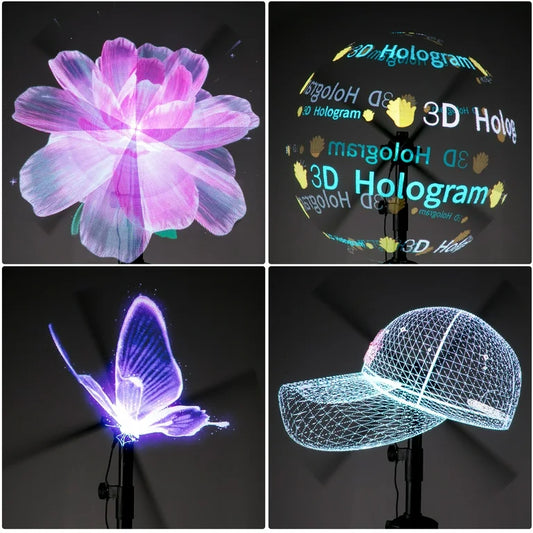 A 3D LED holographic fan displaying a blue dragon hologram, with a hand holding a smartphone controlling the hologram, and the fan consists of four blades.