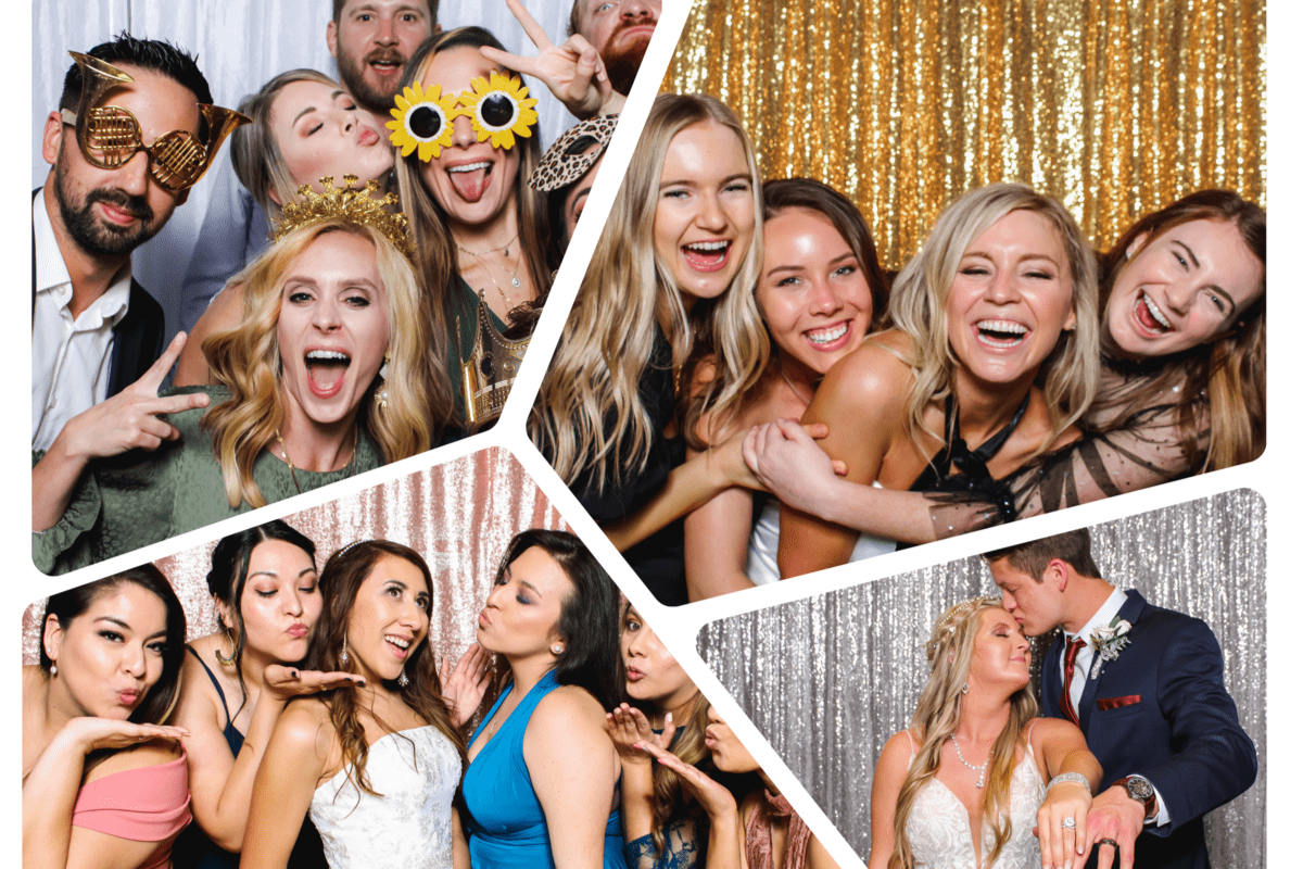 Collage of people posing in front of a photo booth with gold and silver glittery backdrops.