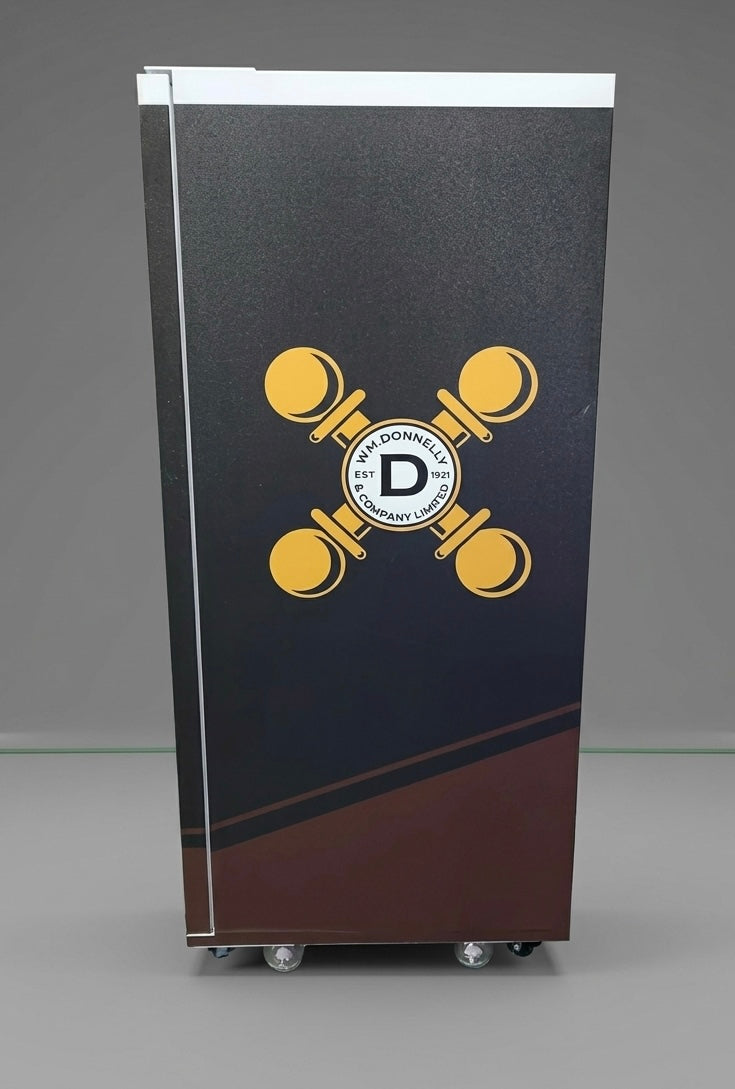 Black and brown standard vending machine with branding and logo on the side 