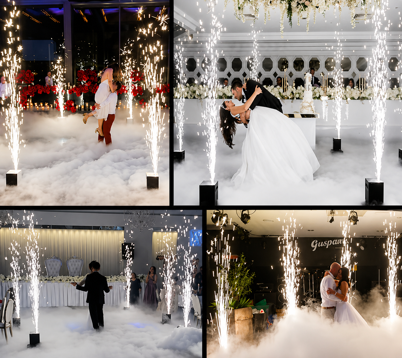 Collage of a wedding scene with indoor fireworks and a couple embracing.