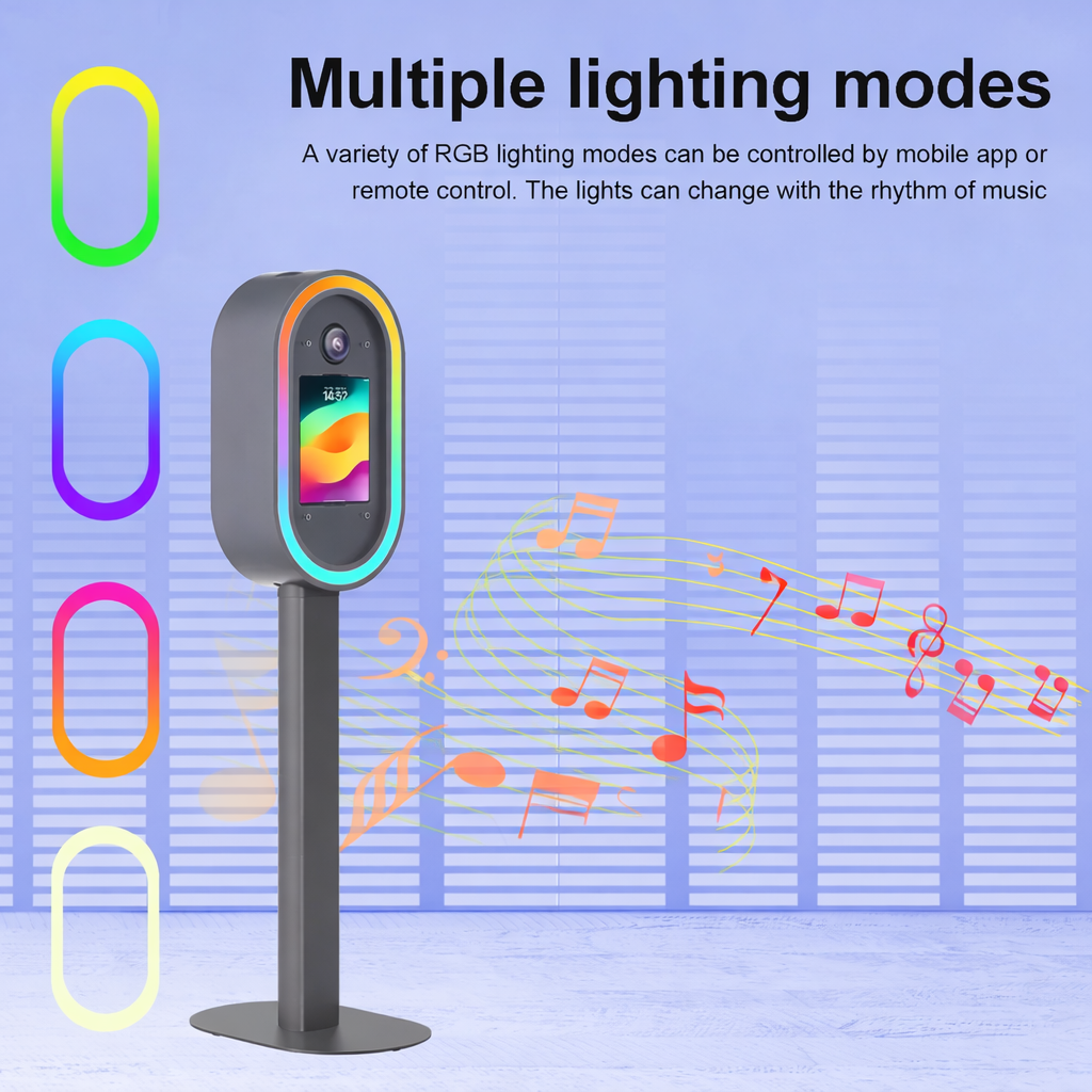 Metal DSLR iPad Selfie Pod Photobooth LED with RGB lighting modes controlled by app or remote, on a blue background with musical notes.
