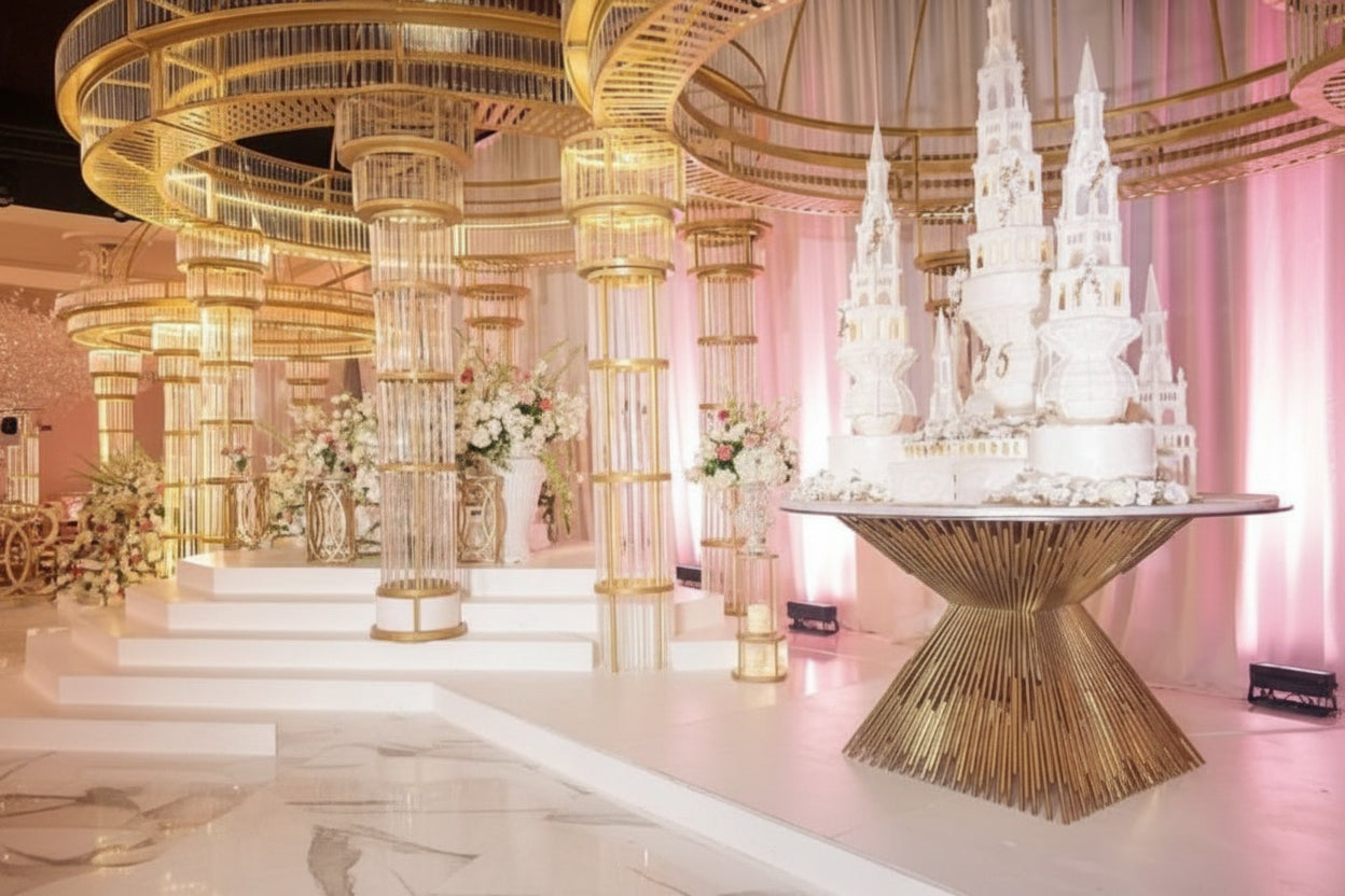 Luxurious wedding reception setup with gold mandaps, white castle cake, and floral arrangements.