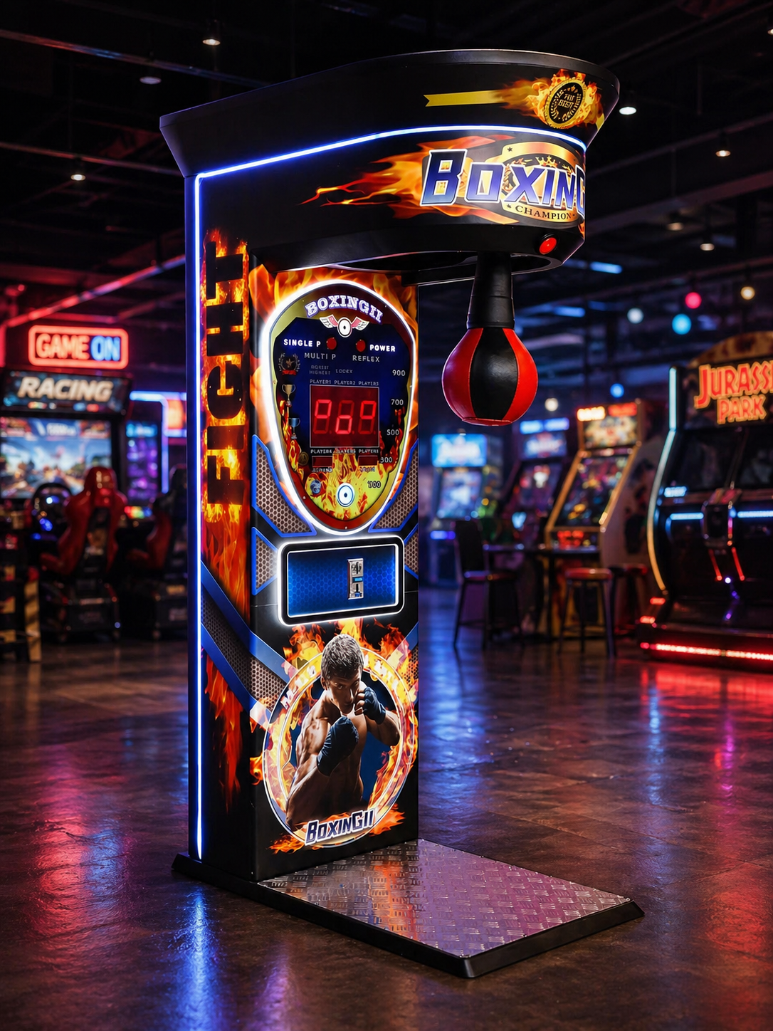 Boxing arcade machine in an arcade setting with other games in the background