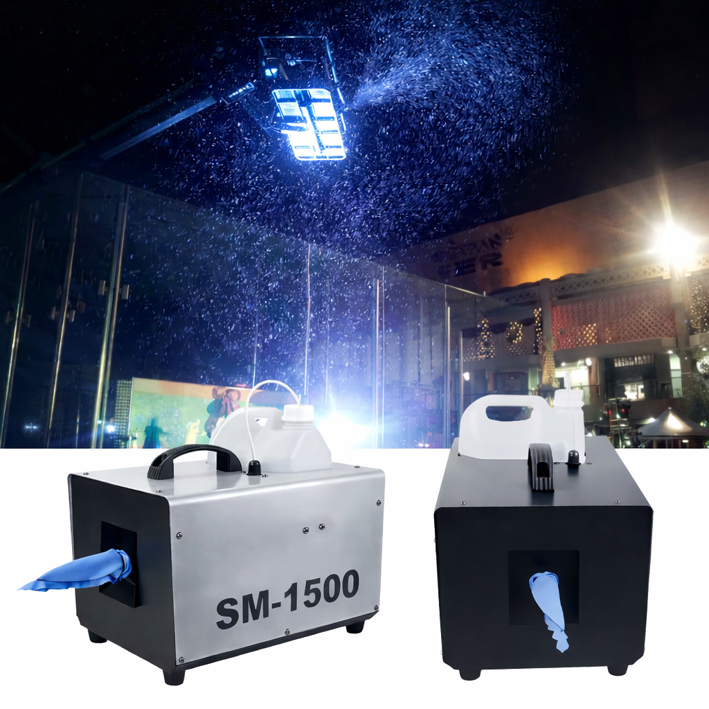 Two artificial snow machines labeled SM-1500 with a night-time outdoor setting.