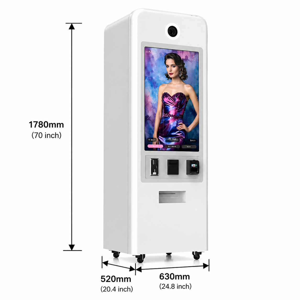 White touch screen machine with various icons on a white background with card payment, coin and cash options.