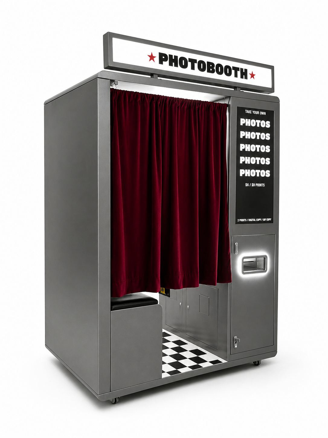 Enclosed Photobooth with red curtain and checkered floor on a white background