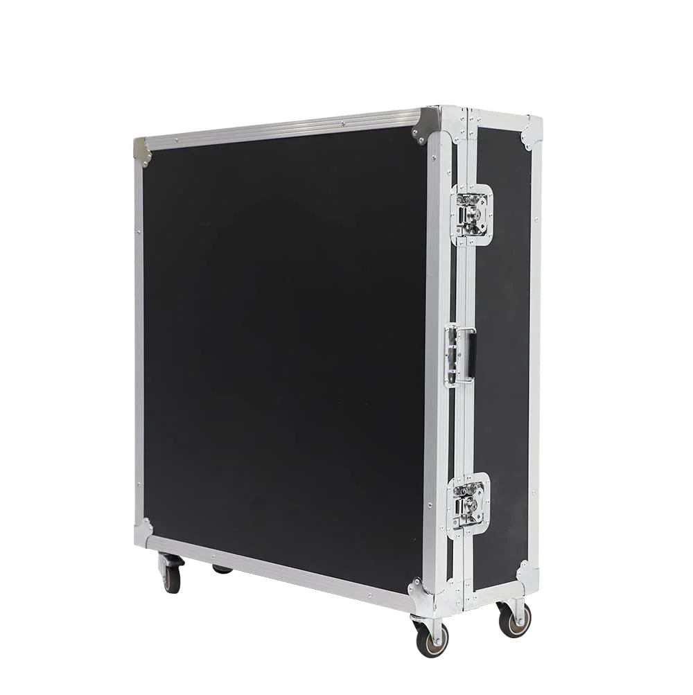 Black flight case with wheels on a white background