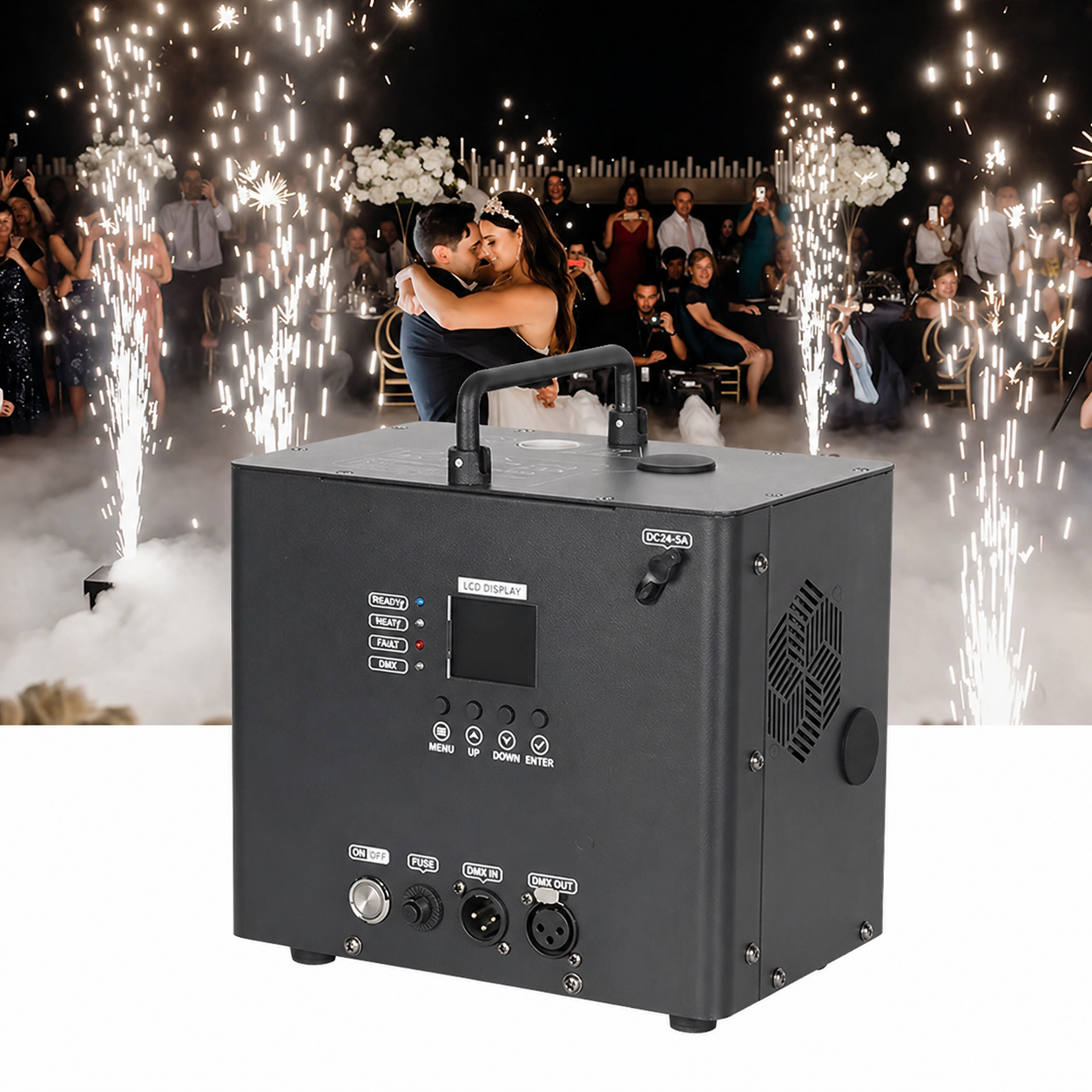 Black Wireless Cold Sparks Indoor Fireworks machine with control panel in front of a couple embracing at a wedding reception with fireworks.