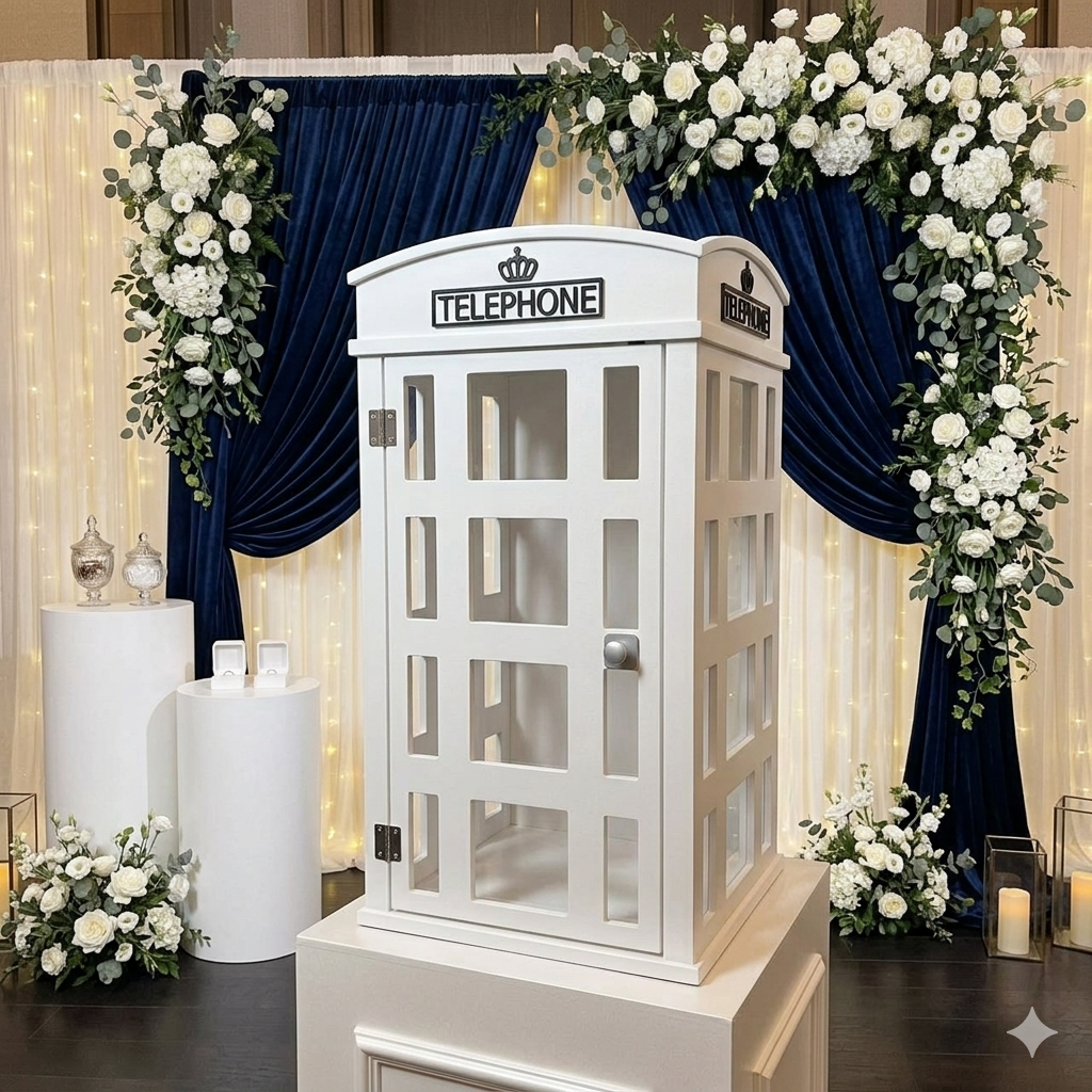 Decorative white phone booth with floral arrangements against a blue curtain backdrop.