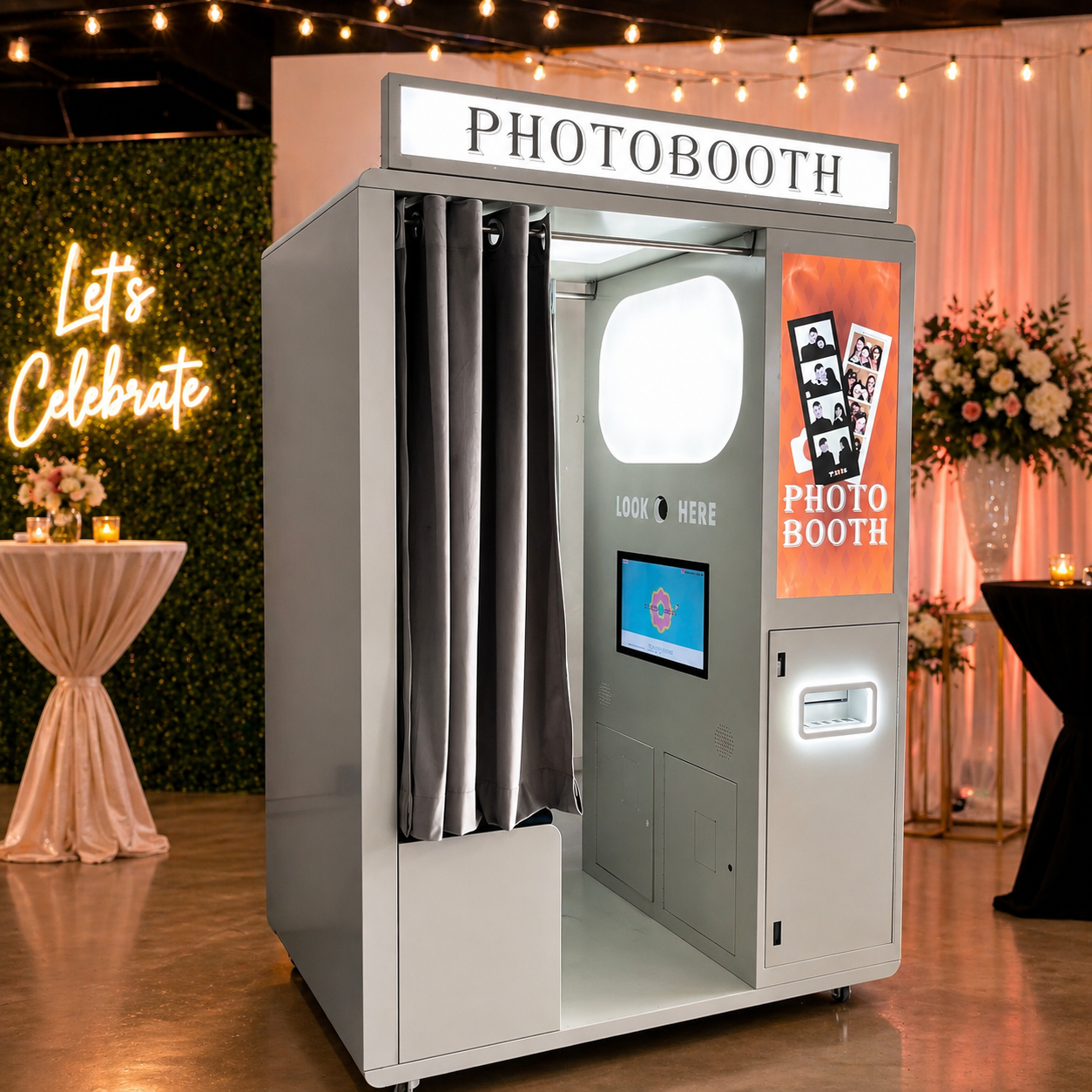 Enclosed Photo booth at a party setup with decorative lights and flowers.